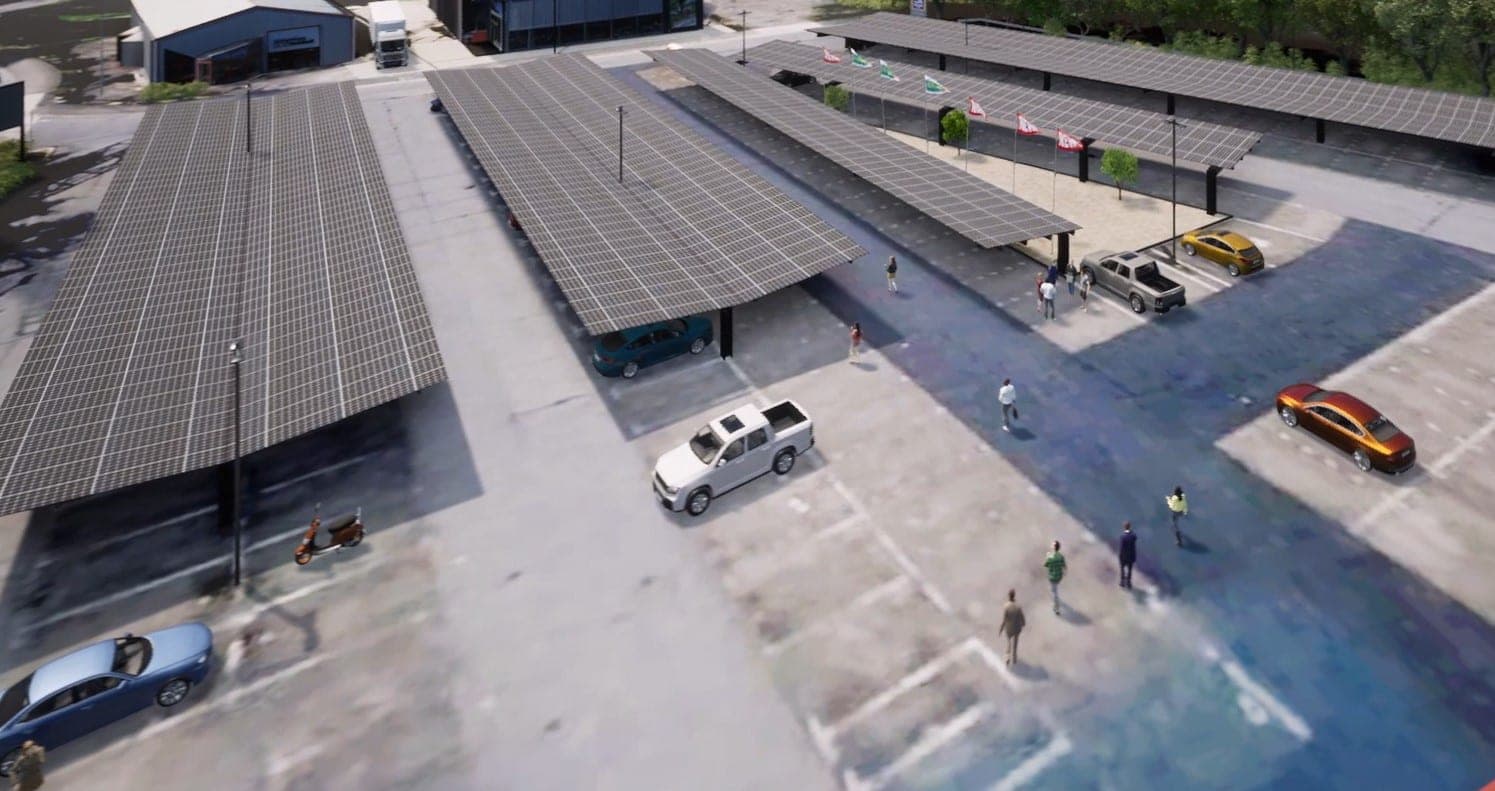 3D-Visualisierung der Photovoltaik-Überdachung auf dem Parkplatz am Raabeweg